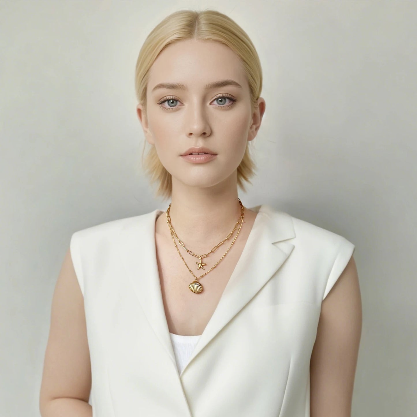 Gold Layered Seashell & Starfish Pendant Necklace