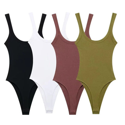 Sexy U-neck ribbed bodysuit with low cut, high waist & slim fit.Back straps & snap bottom. Perfect hot girl summer look!