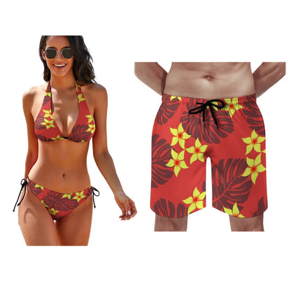 Matching Couple Hawaiian Swimwear Set – Tropical Bikini & Men’s Beach Shorts