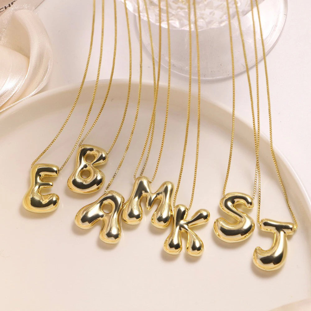 Gold Bubble Initial Necklace – Minimalist Letter Pendant Necklace for Women Personalized Jewelry