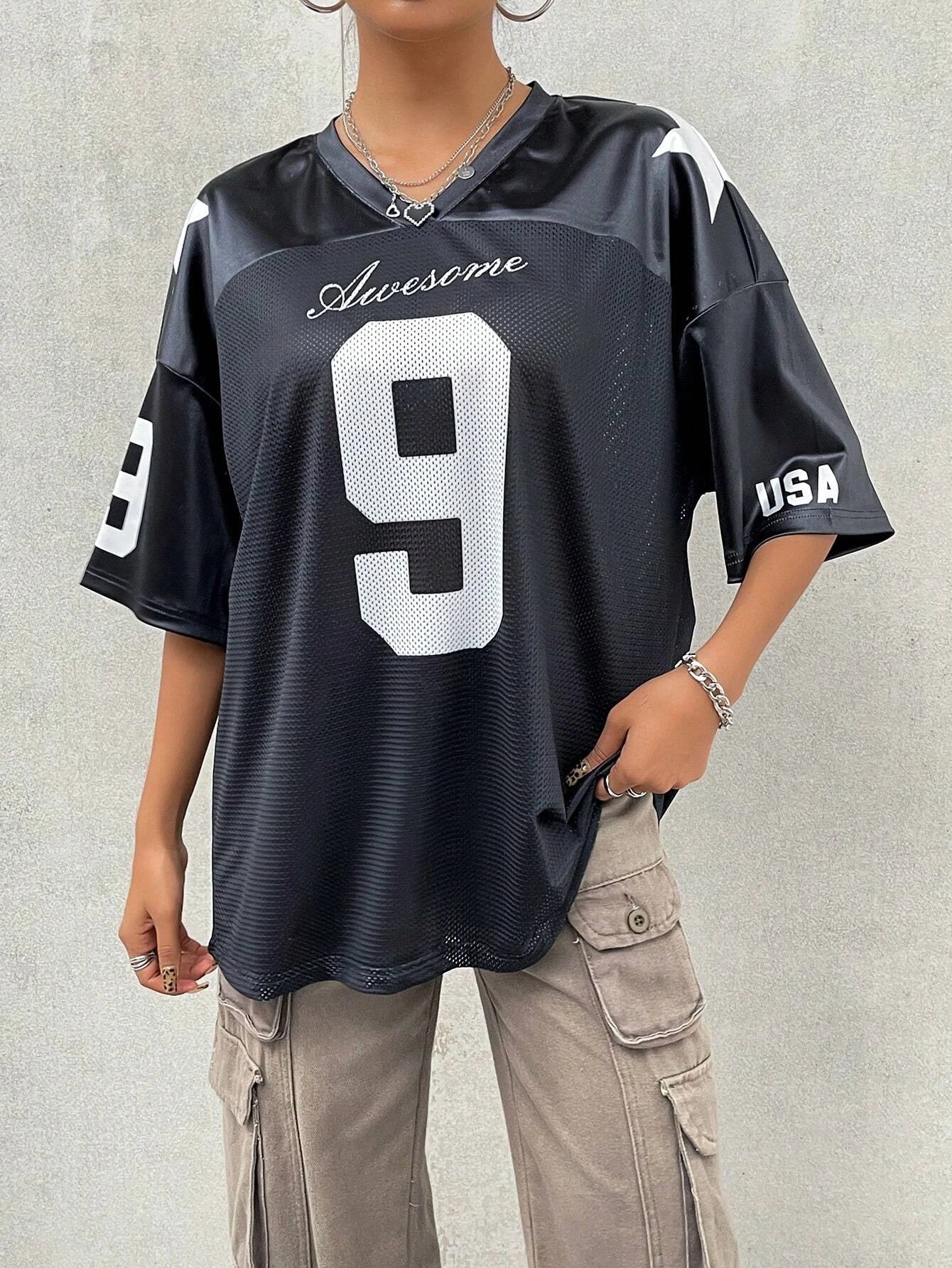 2026 New York No.9 Oversized Jersey T-Shirt Women V-Neck Sport Style Breathable Summer Streetwear Tee