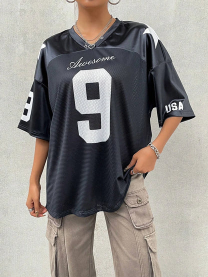 2026 New York No.9 Oversized Jersey T-Shirt Women V-Neck Sport Style Breathable Summer Streetwear Tee