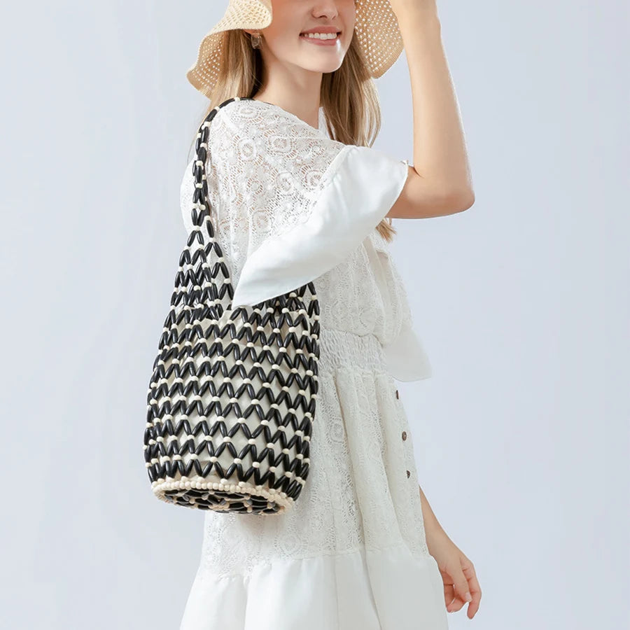 Woven Net Tote Bag with Wooden Beads | Summer Boho Beach Handbag