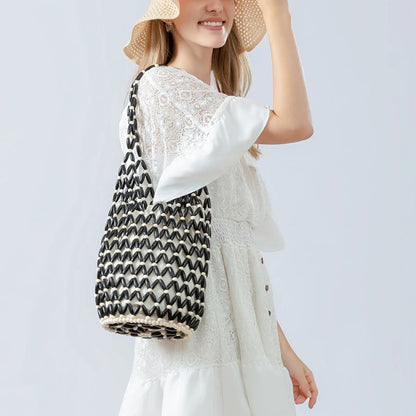 Woven Net Tote Bag with Wooden Beads | Summer Boho Beach Handbag