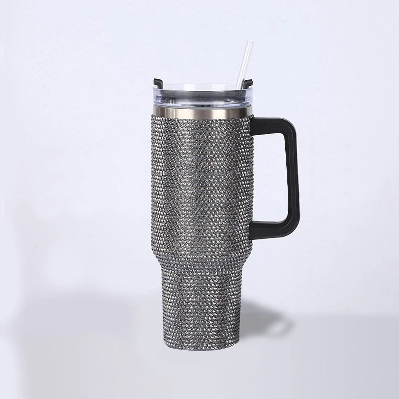 40oz Rhinestone Tumbler with Handle Insulated Thermos Cup Sparkling Travel Mug