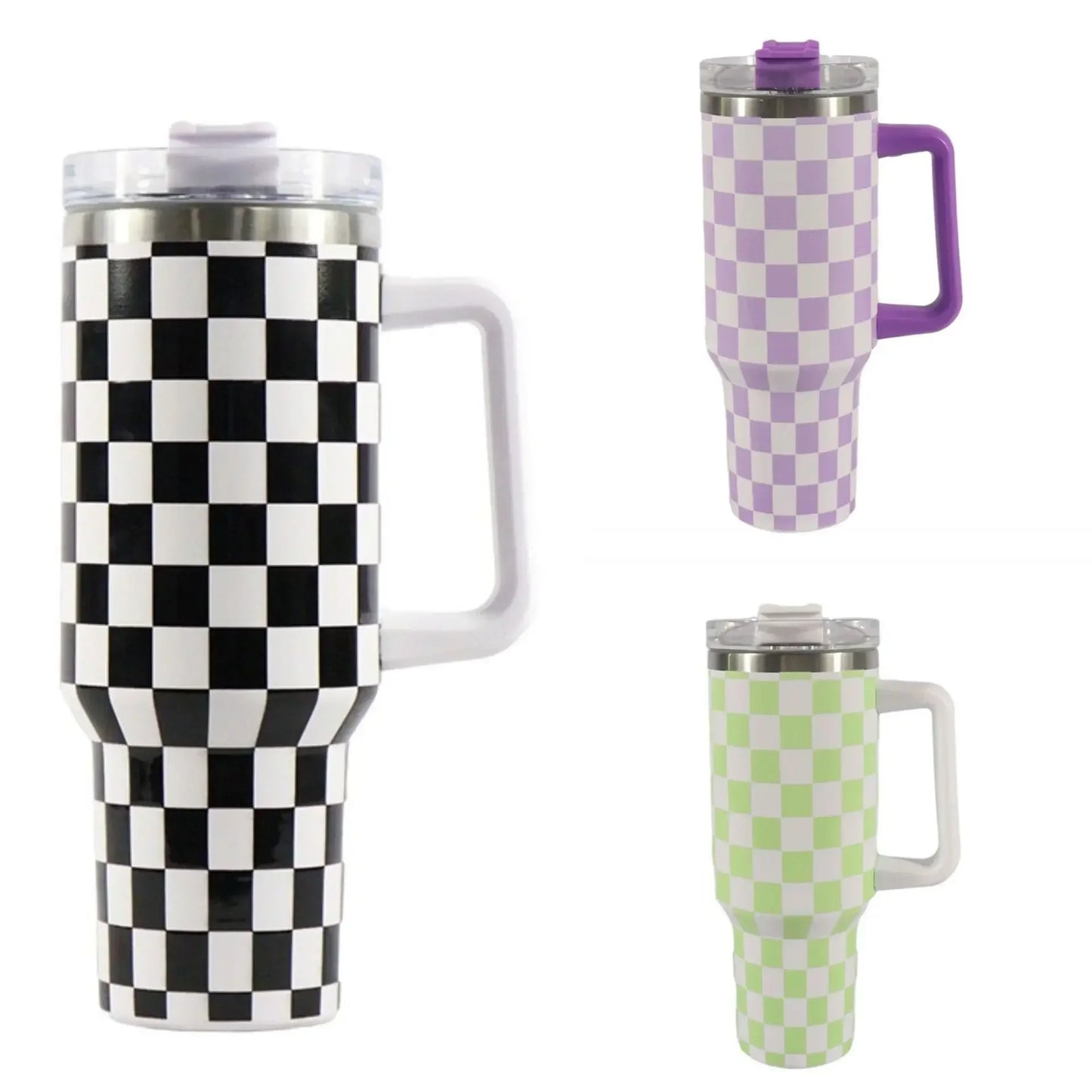 40oz Checkered Stainless Steel Tumbler with Handle Insulated Travel Mug