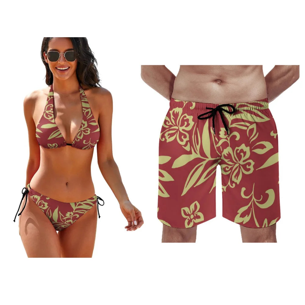 Matching Couple Hawaiian Swimwear Set – Tropical Bikini & Men’s Beach Shorts