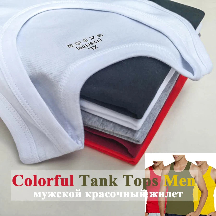 Tank Tops Men 2026 Summer 100% Cotton Cool Fitness Vest Sleeveless Tops Gym Slim Colorful Casual Undershirt