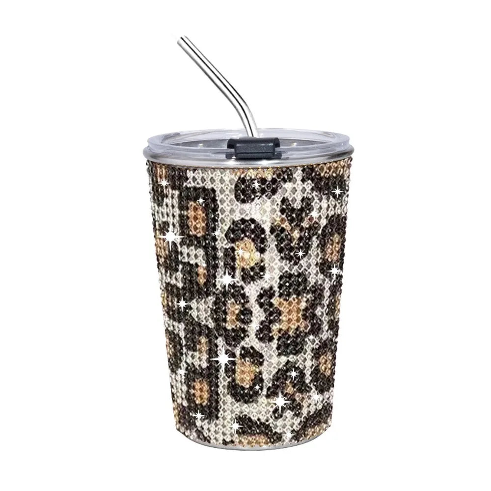 500ml Rhinestone Stainless Steel Water Bottle with Straw Luxury Sparkling Cup