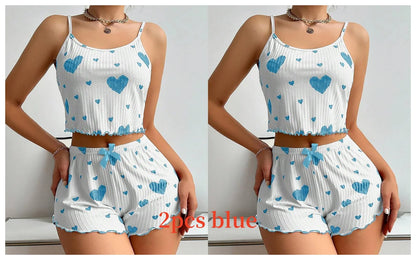 Cute Heart Print Pajama Romper – Women’s Sleeveless Summer Lounge Wear