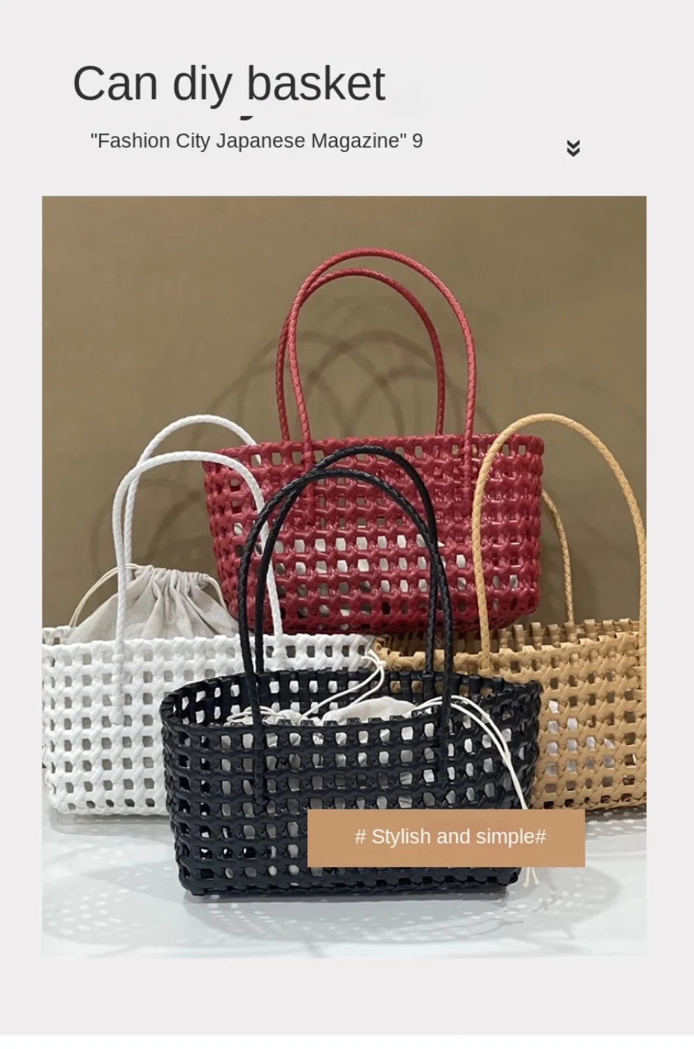 Woven Plastic Tote Bag – Retro Grid Shoulder Handbag for Women Summer Beach Style