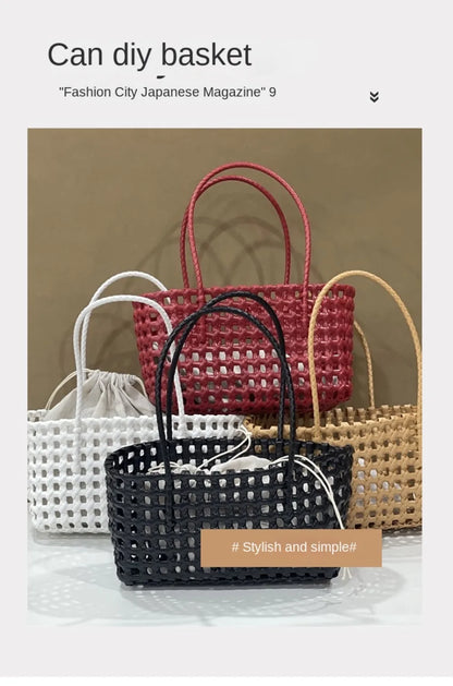 Woven Plastic Tote Bag – Retro Grid Shoulder Handbag for Women Summer Beach Style