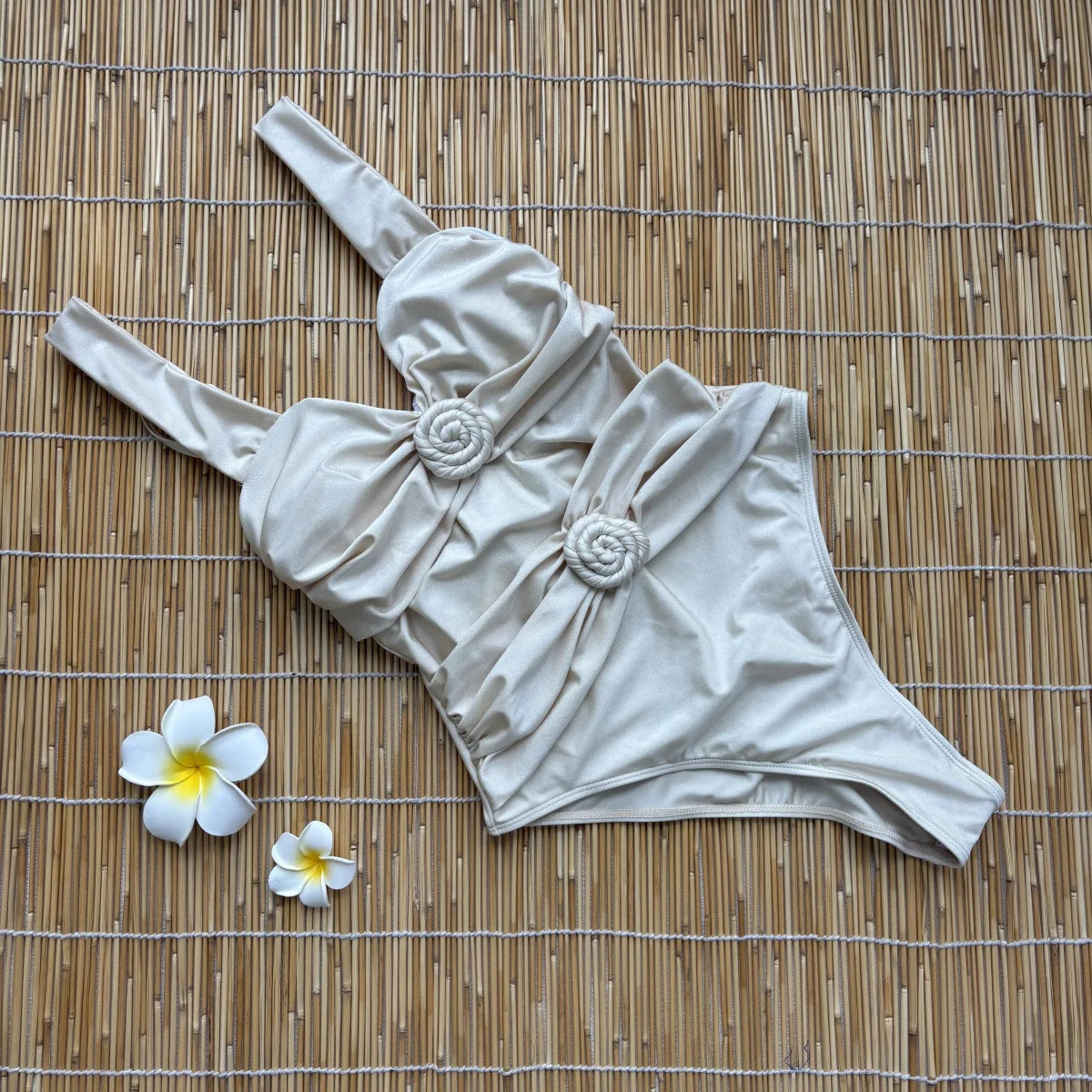 2026 White Flower One Piece Swimsuit Women Deep V Push Up Bandeau Beachwear