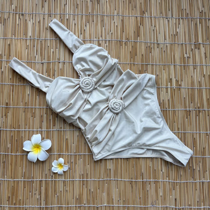 2026 White Flower One Piece Swimsuit Women Deep V Push Up Bandeau Beachwear