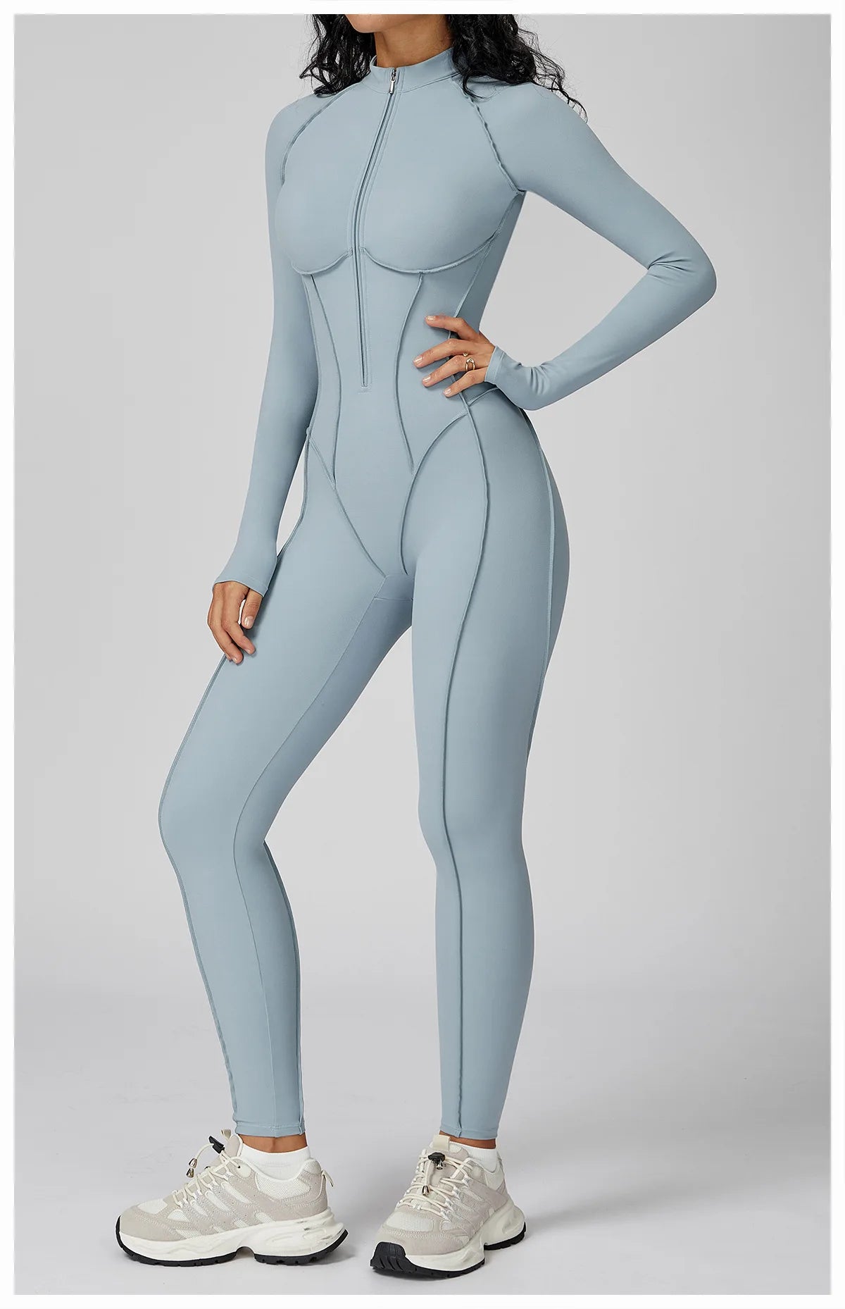 Chocolate Brown Sculpting Zip-Front Long Sleeve Jumpsuit