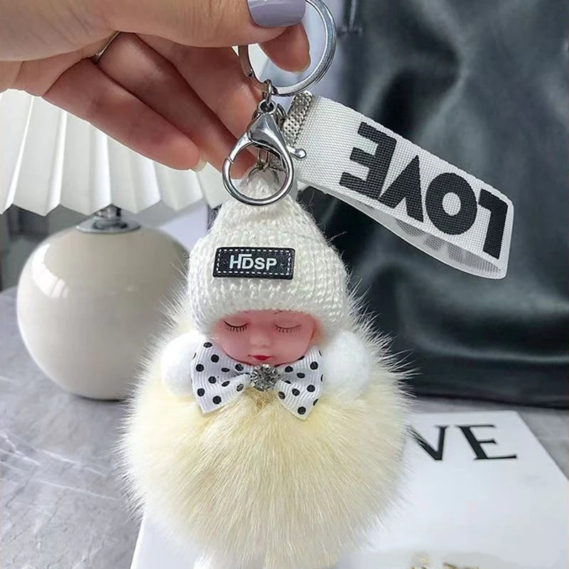 Cute Sleeping Baby Keychain – Fluffy Pom Pom Doll Bag Charm