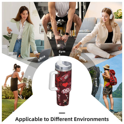 Dr Pepper Inspired Tumbler Cup – 40oz Stainless Steel Travel Mug with Handle