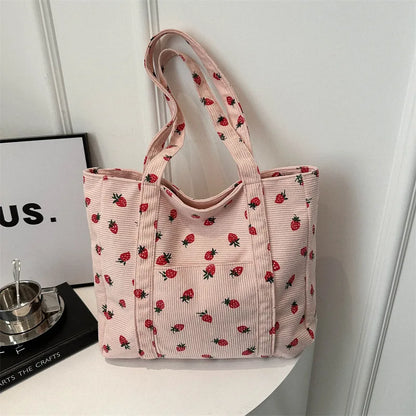 Cherry Print Canvas Tote Bag – Cute Aesthetic Shoulder Handbag for Women