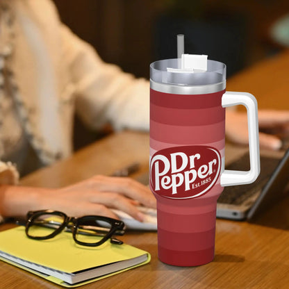 Dr Pepper Inspired Striped Tumbler – 40oz Stainless Steel Travel Mug with Handle
