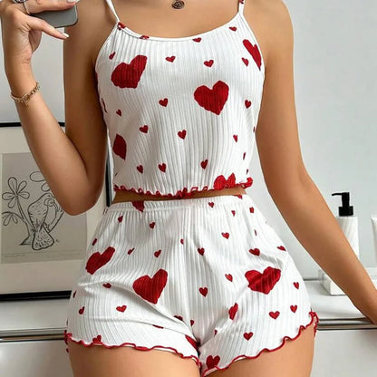 Cute Heart Print Pajama Romper – Women’s Sleeveless Summer Lounge Wear