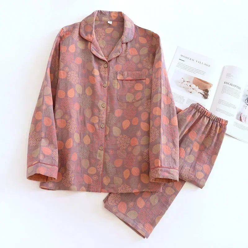 2026 Women’s Cotton Crepe Pajama Set – Floral Long Sleeve Sleepwear with Trousers, Soft Spring Summer Homewear