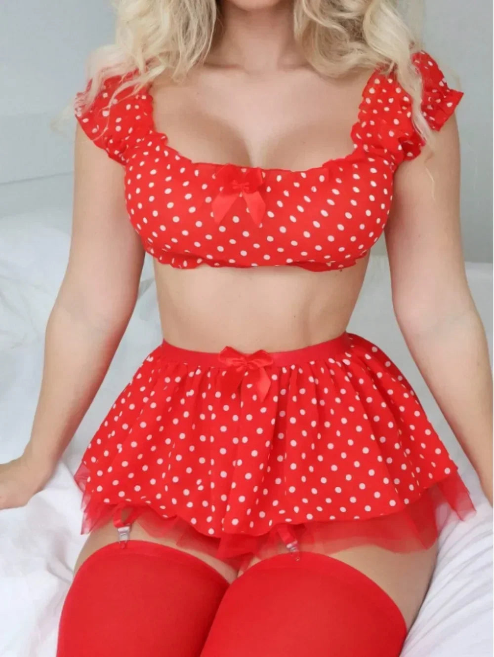 Cute Polka Dot Lingerie Set – Off Shoulder Babydoll Sleepwear for Women