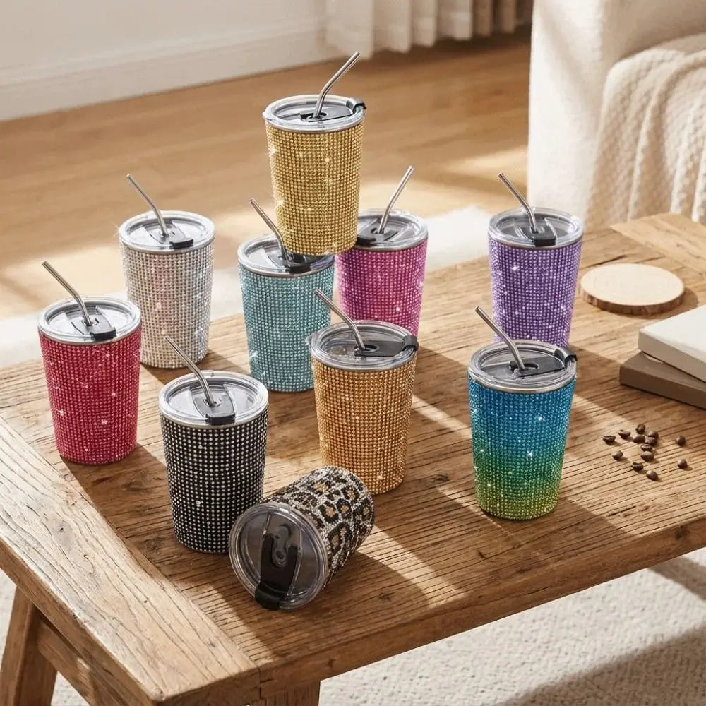 500ml Rhinestone Stainless Steel Water Bottle with Straw Luxury Sparkling Cup