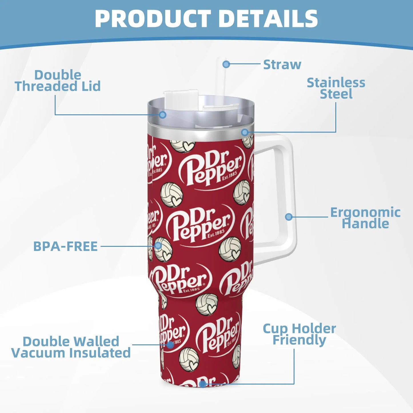 Dr Pepper Logo Tumbler – 40oz Insulated Stainless Steel Travel Mug with Handle