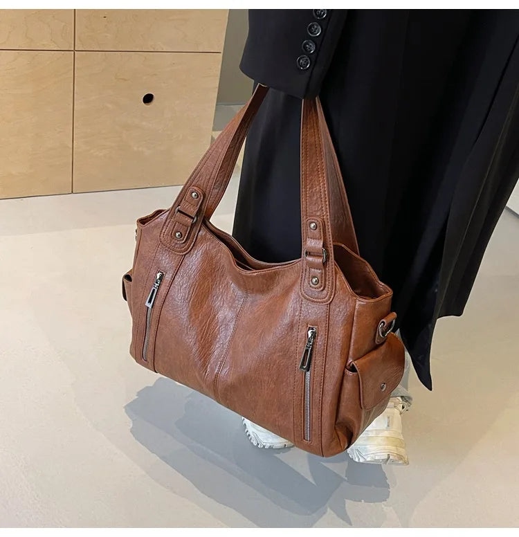 Vintage Leather Tote Shoulder Bag – Large Capacity Crossbody Handbag for Women