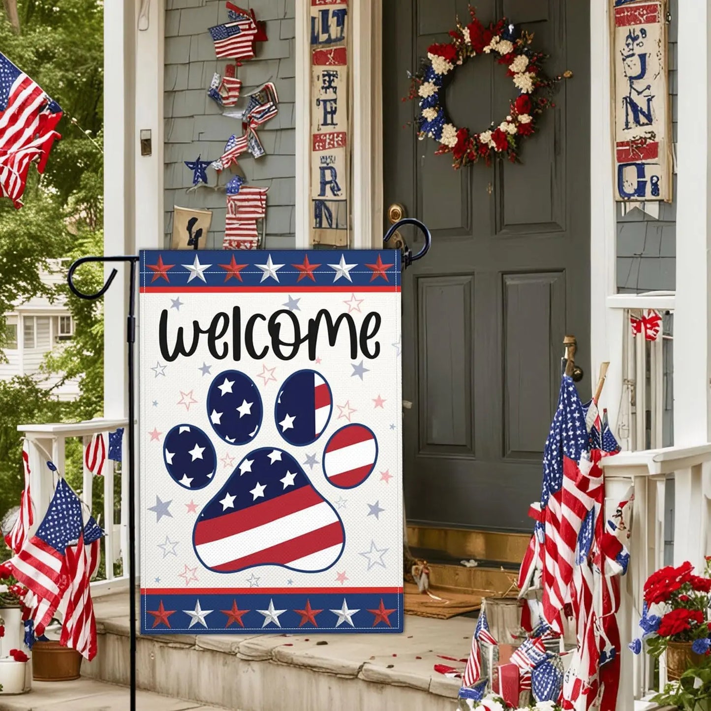 4th of July Garden Flag Dog Paw Prints Independence Memorial Day Patriotic Garden Flags for Outside 12x18 Inch Double Sided