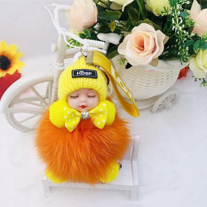 Cute Sleeping Baby Keychain – Fluffy Pom Pom Doll Bag Charm