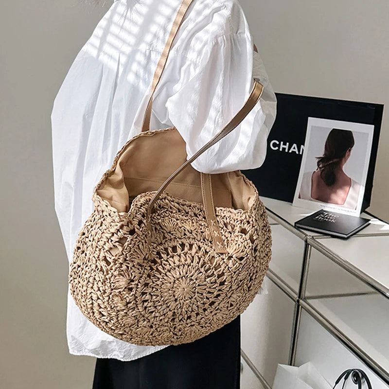 Boho Round Straw Tote Bag – Handmade Crochet Shoulder Beach Bag for Women