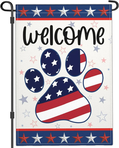 4th of July Garden Flag Dog Paw Prints Independence Memorial Day Patriotic Garden Flags for Outside 12x18 Inch Double Sided