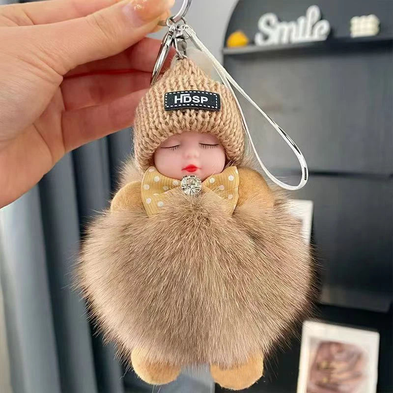 Cute Sleeping Baby Keychain – Fluffy Pom Pom Doll Bag Charm