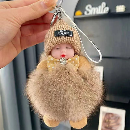 Cute Sleeping Baby Keychain – Fluffy Pom Pom Doll Bag Charm