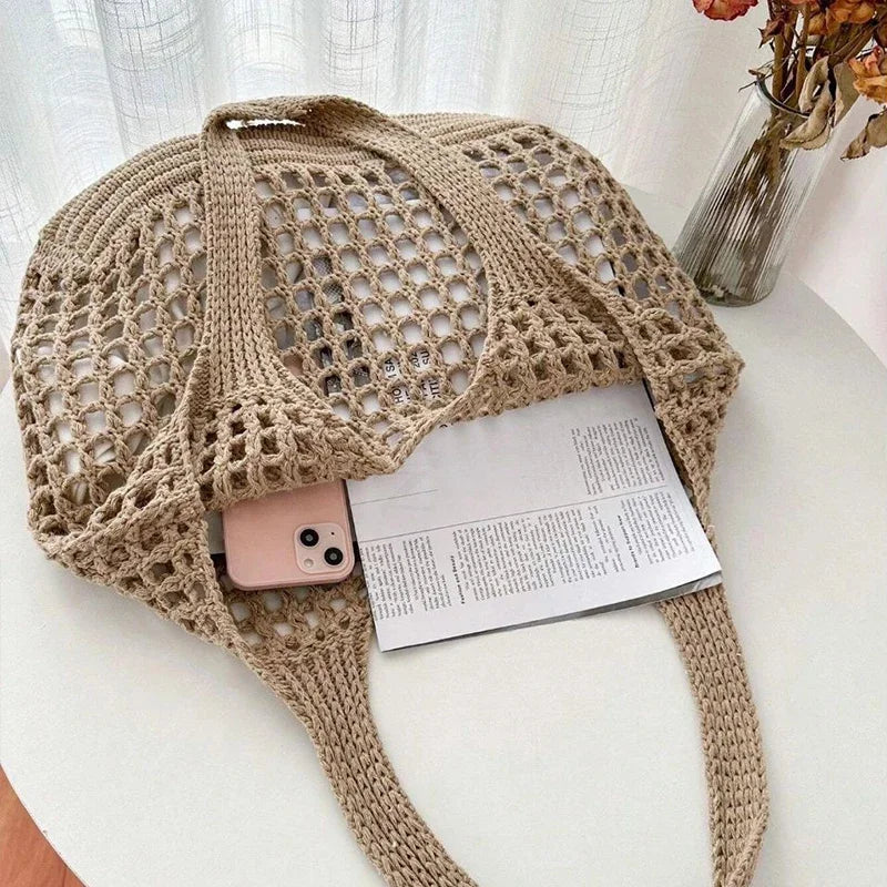 Boho Raffia Crochet Tote Bag | Aesthetic Summer Beach Handbag