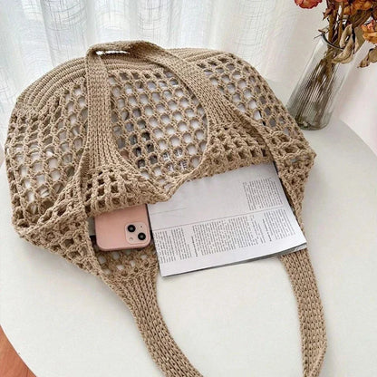 Boho Raffia Crochet Tote Bag | Aesthetic Summer Beach Handbag