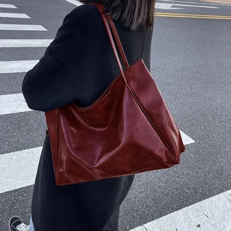 Vintage Leather Hobo Tote Bag – Large Capacity Slouchy Shoulder Handbag for Women
