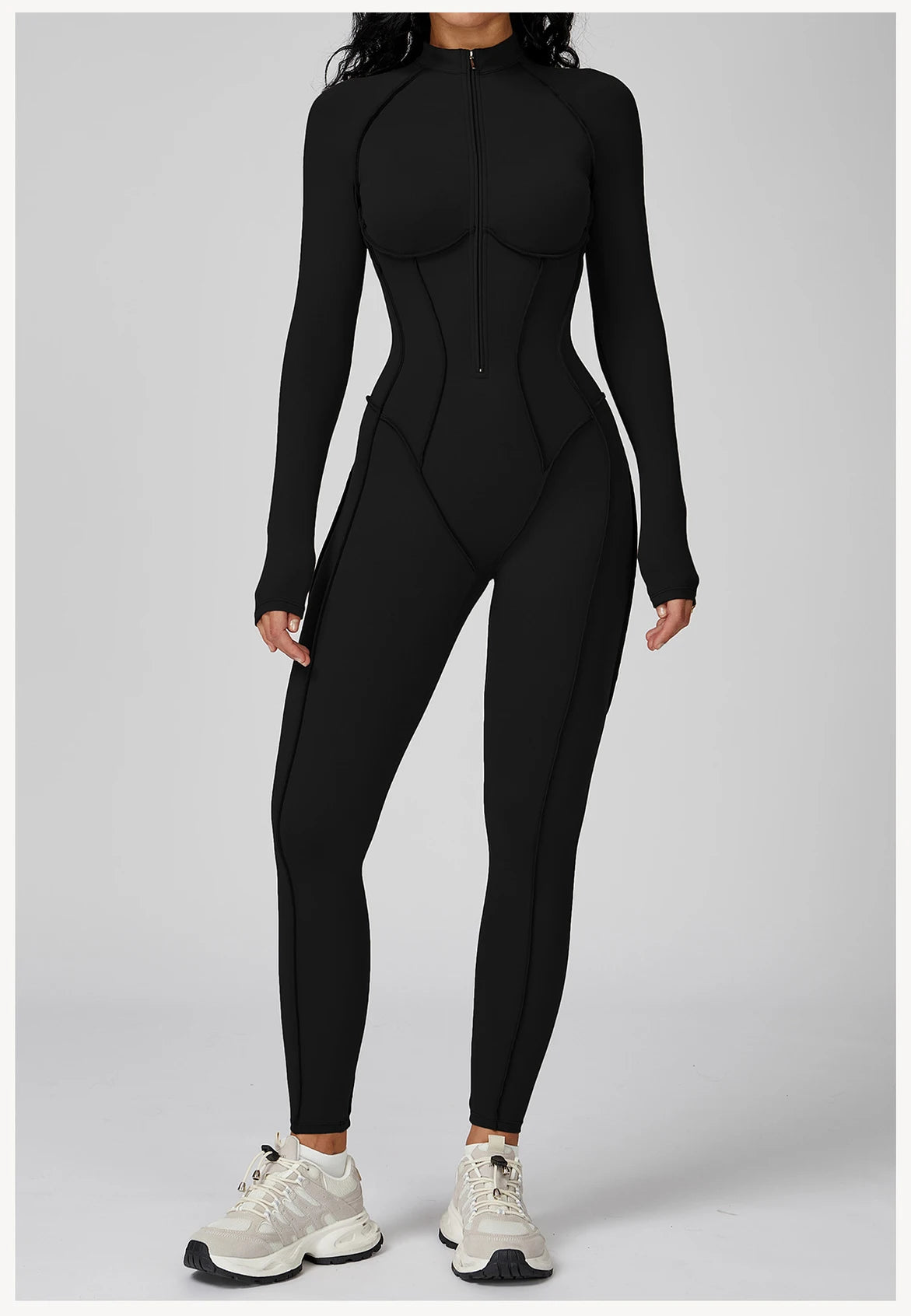 Chocolate Brown Sculpting Zip-Front Long Sleeve Jumpsuit