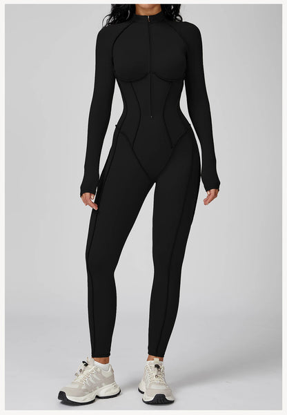 Chocolate Brown Sculpting Zip-Front Long Sleeve Jumpsuit