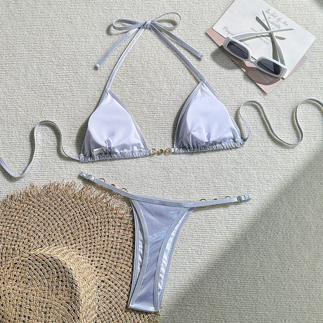 PU Faux Leather Halter Thong Bikini Set Women Two Piece Swimsuit Y2K Festival Swimwear