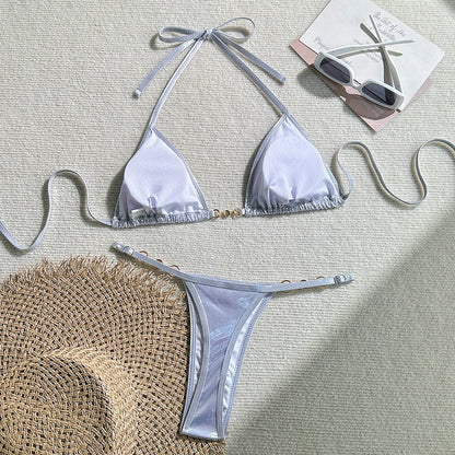 PU Faux Leather Halter Thong Bikini Set Women Two Piece Swimsuit Y2K Festival Swimwear