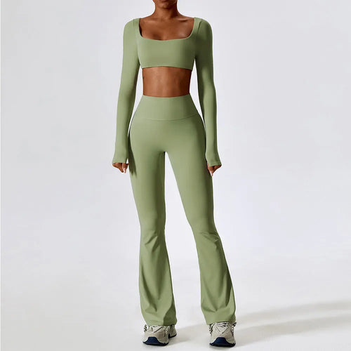 Sage Green Long Sleeve Crop Top & Flare Leggings Set