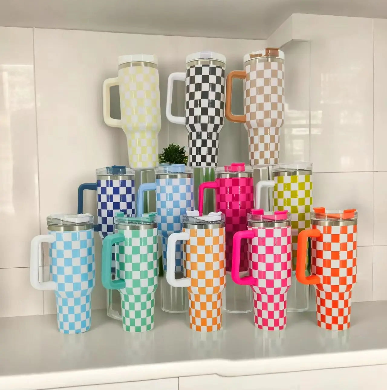 40oz Checkered Stainless Steel Tumbler with Handle Insulated Travel Mug