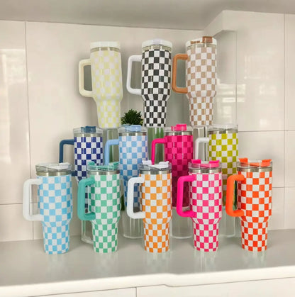 40oz Checkered Stainless Steel Tumbler with Handle Insulated Travel Mug