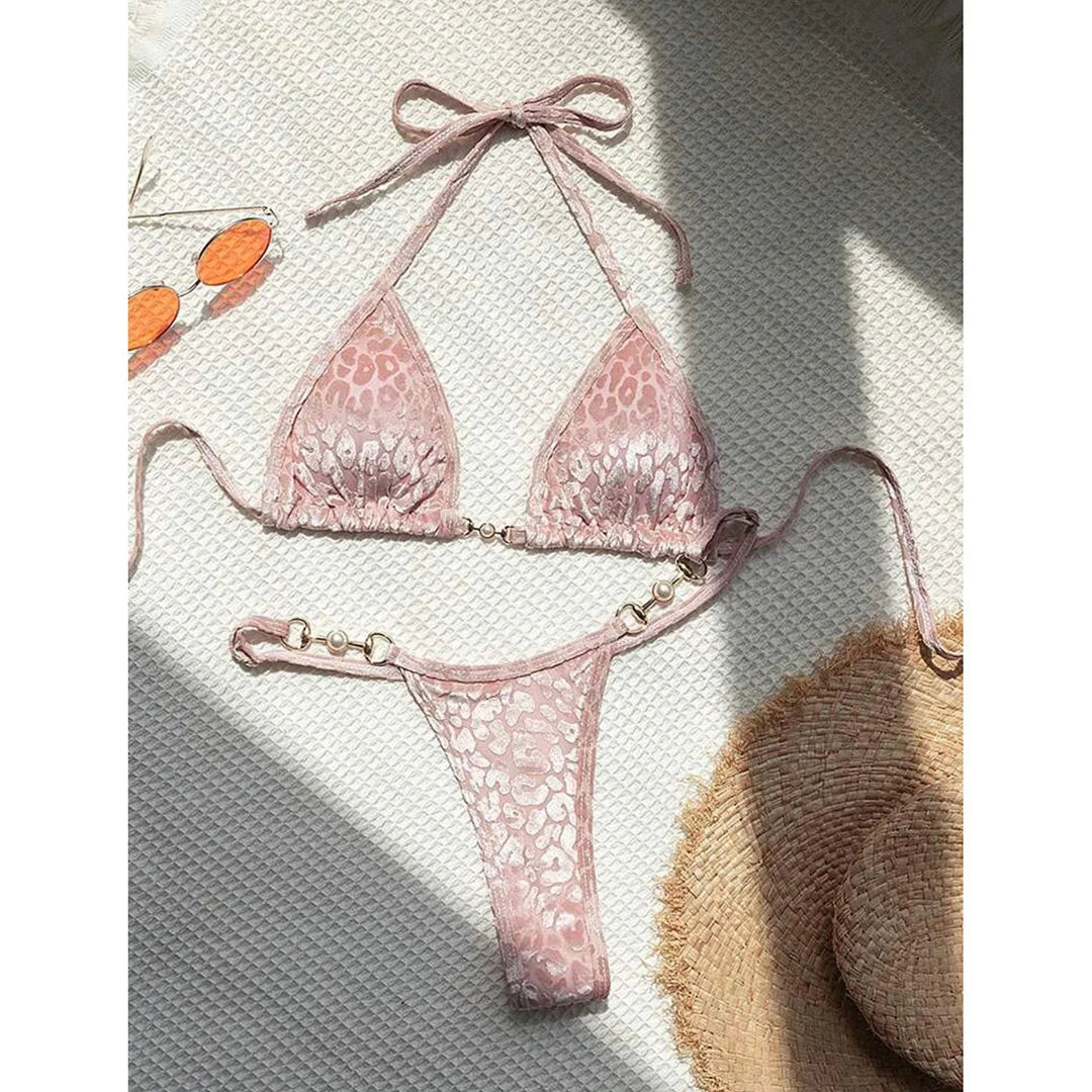 Leopard Pearl Micro Thong Bikini Set Women Two Piece Swimsuit Y2K Beachwear