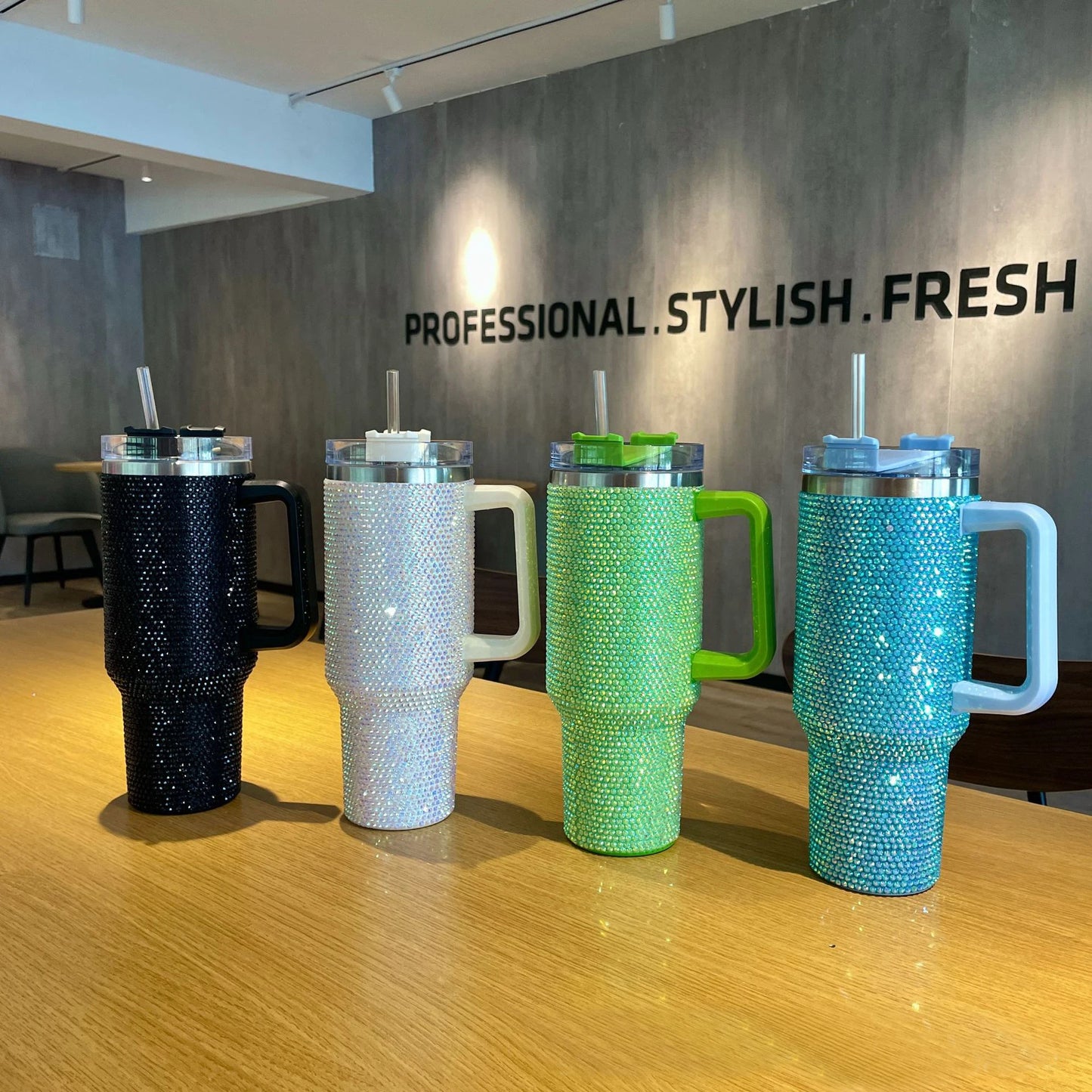 40oz Rhinestone Tumbler with Handle Insulated Thermos Cup Sparkling Travel Mug