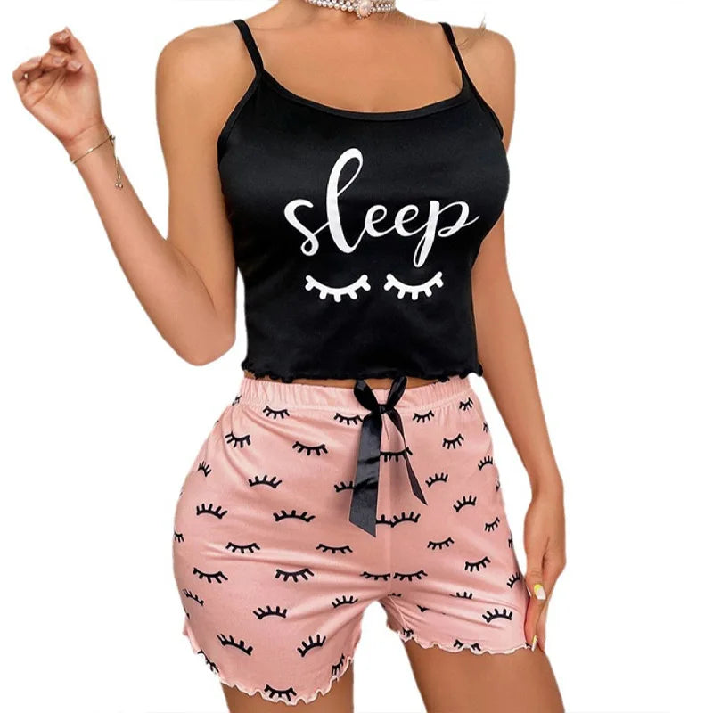 Cute Sleep Pajama Set – Women’s Cami Top & Pink Shorts Lounge Sleepwear, Soft Summer Nightwear