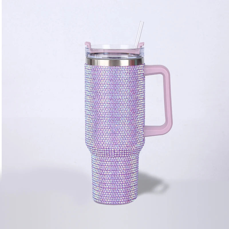40oz Rhinestone Tumbler with Handle Insulated Thermos Cup Sparkling Travel Mug