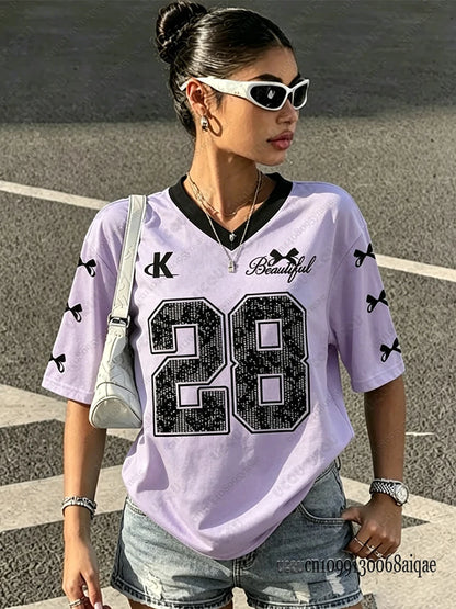 2026 Speed 23 Oversized Jersey T-Shirt Women Y2K Sport Style V-Neck Summer Streetwear Graphic Tee